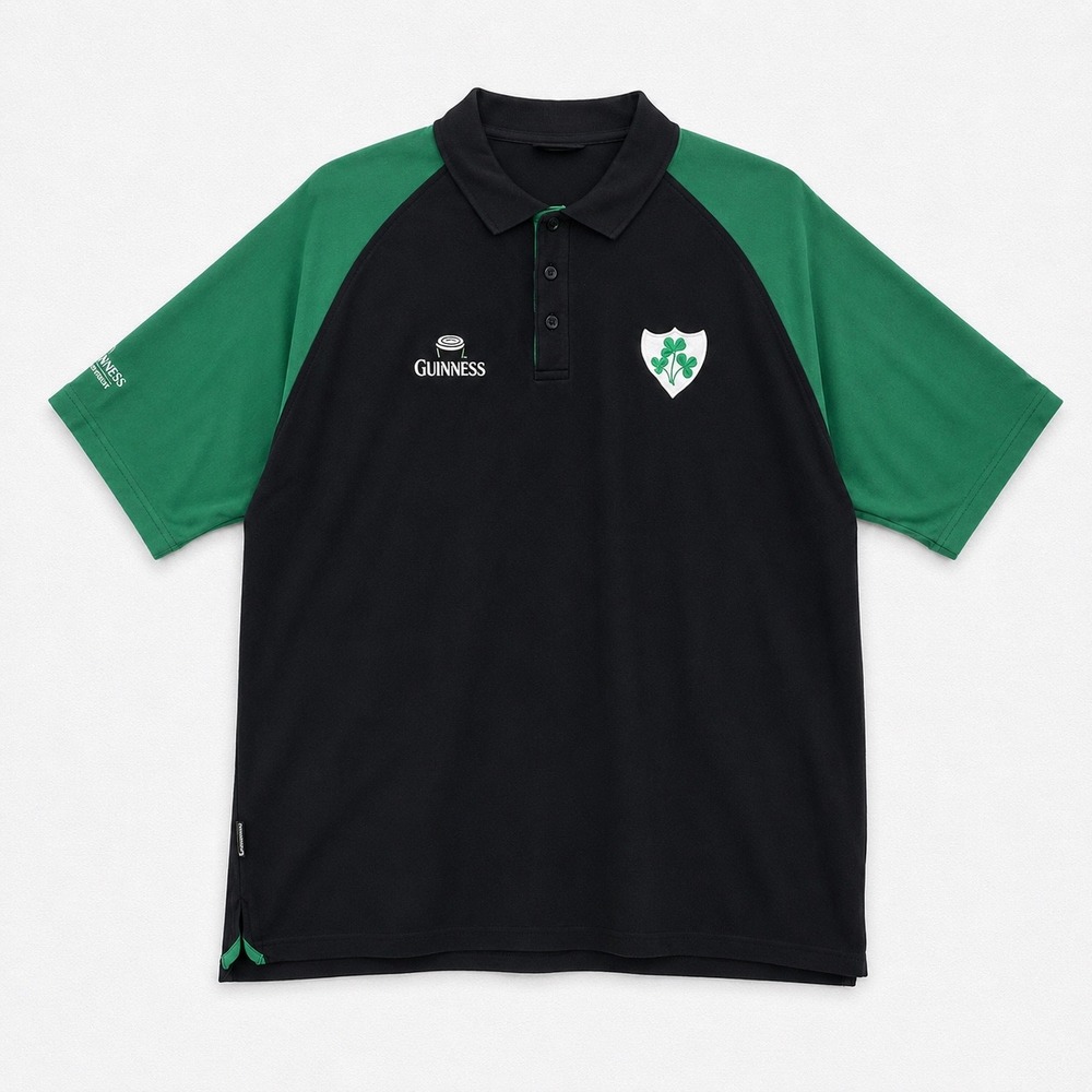 Guinness Cotton Traders Mens 2XL Black Green Raglan Polo Shirt Irish Shamrock